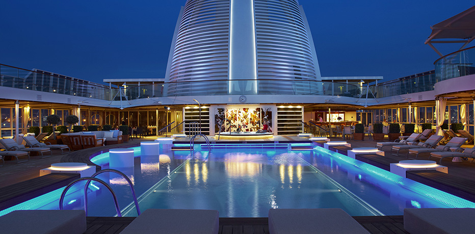 Residensea cruises The World cruise ship pool nighttime