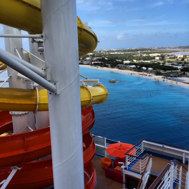 Carnival Cruises Vista cruise ship waterslide view of beach