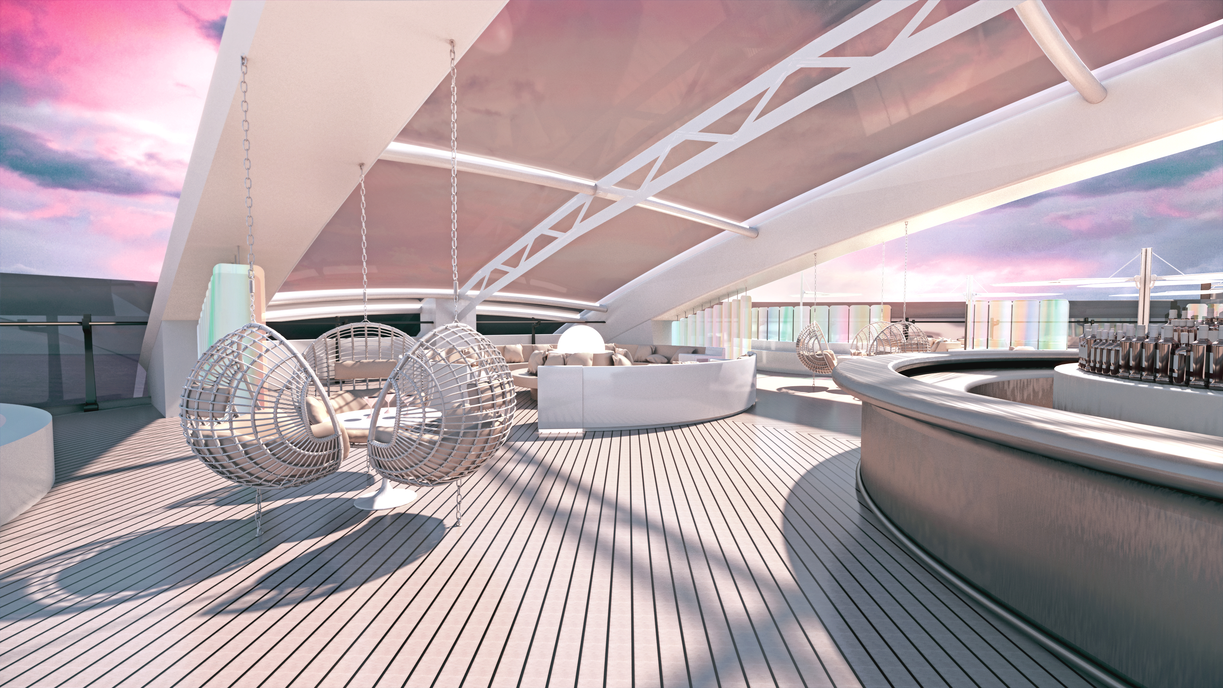 Virgin Voyagers Scarlet Lady vip outside area hanging chairs