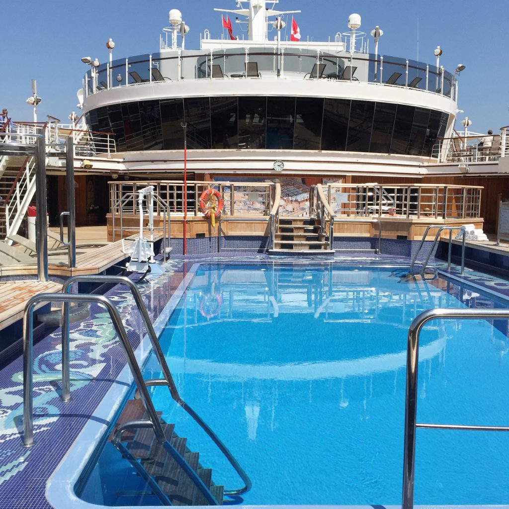 Cunard Queen Elizabeth mid-ship pool cruises from Vancouver to Alaska. Canada bans cruise ships until 2022