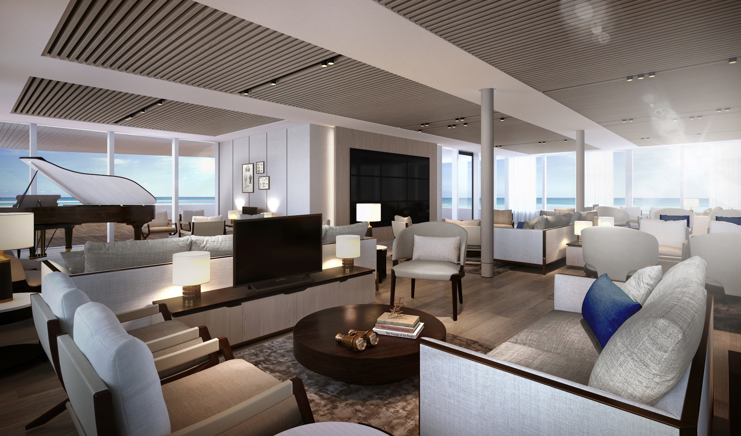 Silversea Origin cruise ship explorers lounge view piano