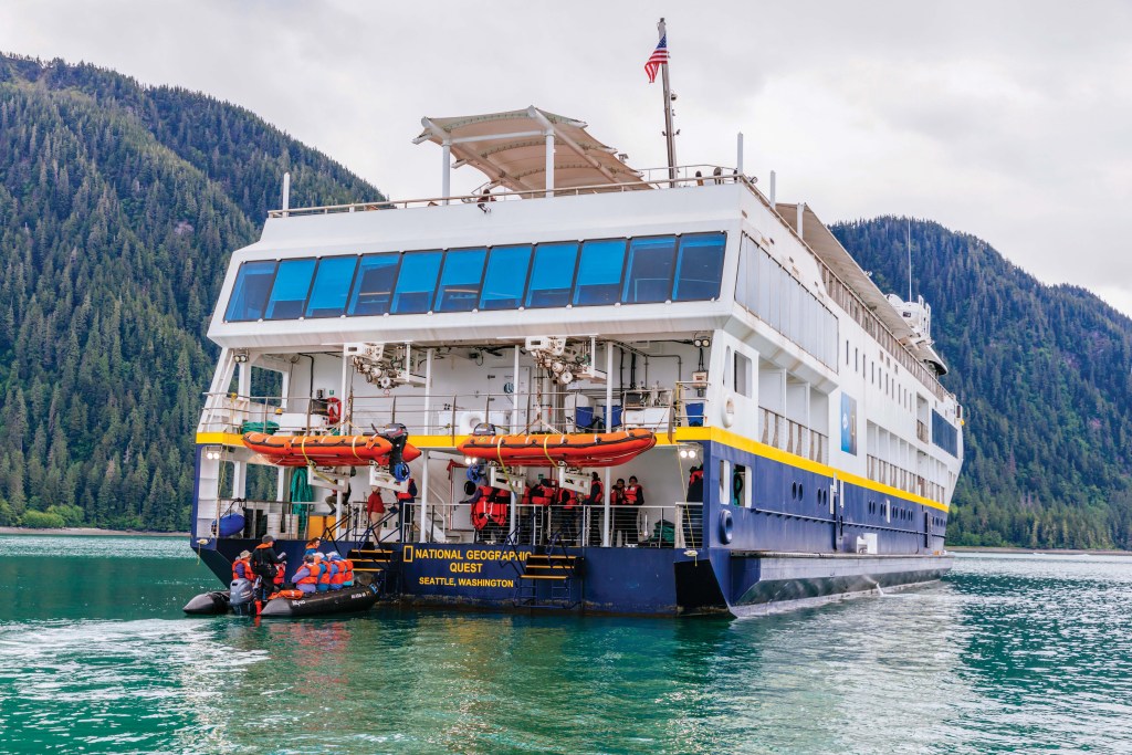The Quest stern zodiac unloading in Le Conte Bay, Alaska
