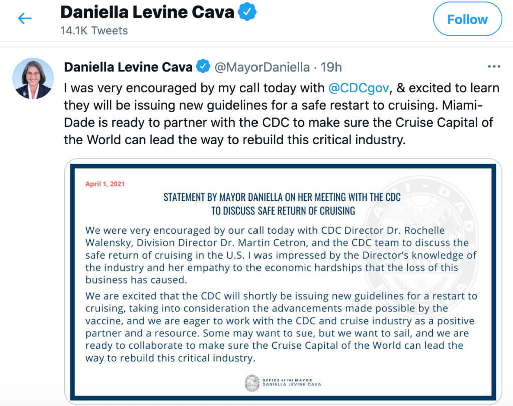 Mayor Daniella tweet on cdc to issue new cruise guidelines