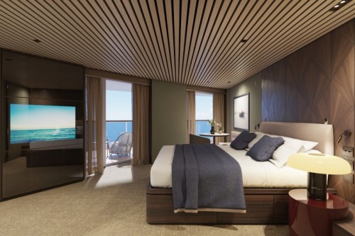 Norwegian cruise line prima norwegianprima thehaven aft-facing penthouse with large balcony bedroom rendering