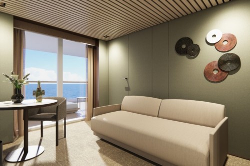 Norwegian cruise line prima norwegianprima thehaven aft-facing penthouse with master bedroom balcony livingroom rendering
