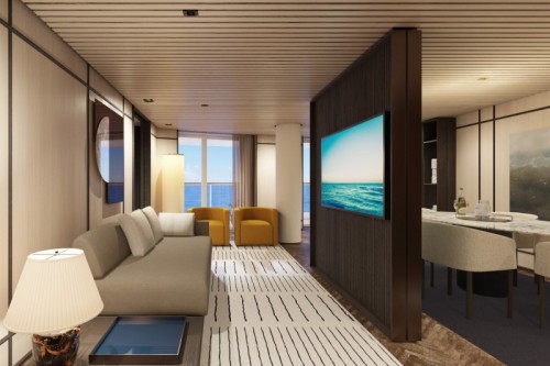 Norwegian cruise line cruise ship norwegianprima thehaven deluxe owner suite with balcony ivingroom rendering