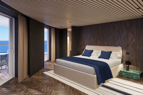 Norwegian cruise line cruise ship norwegianprima the haven deluxe owner suite with balcony master bedroom rendering