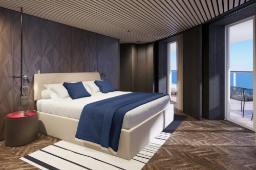 Norwegian cruise line prima norwegianprima-thehavenpremierowner suite with large balcony master bedroom rendering