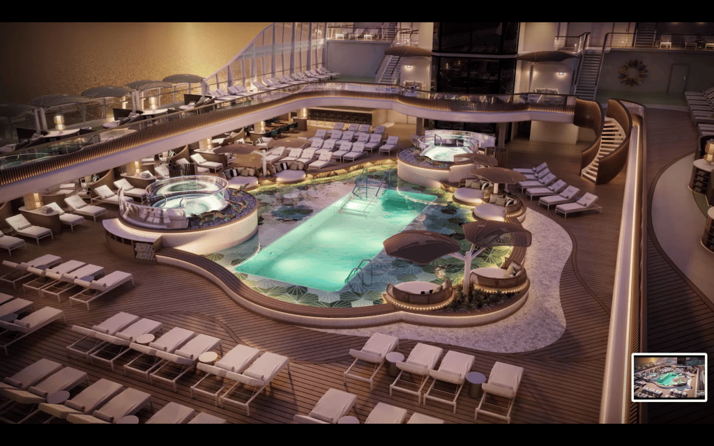Oceania Cruises Vista cruise ship pool deck at night