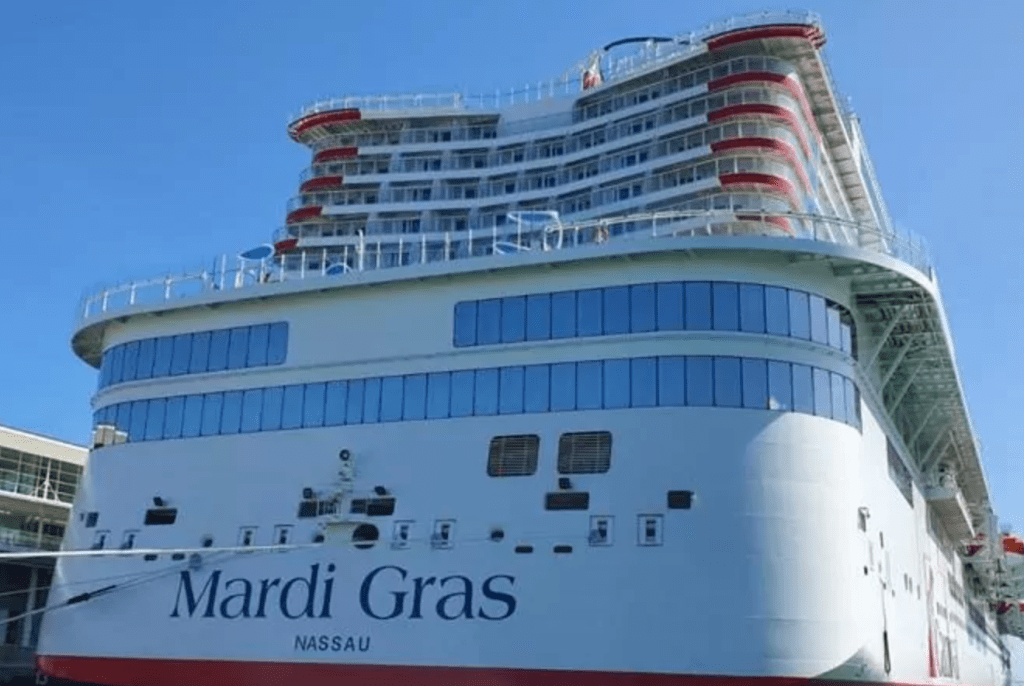 Carnival Cruise Line Mardi Gras arrives in Port Canaveral aft
