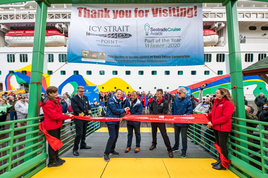 Norwegian Cruise Line Encore ribbon cutting new pier in Alaska