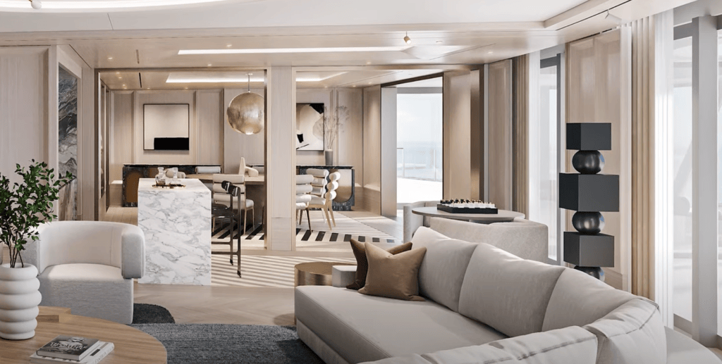 Regent Seven Seas Grandeur Regent suite white couch